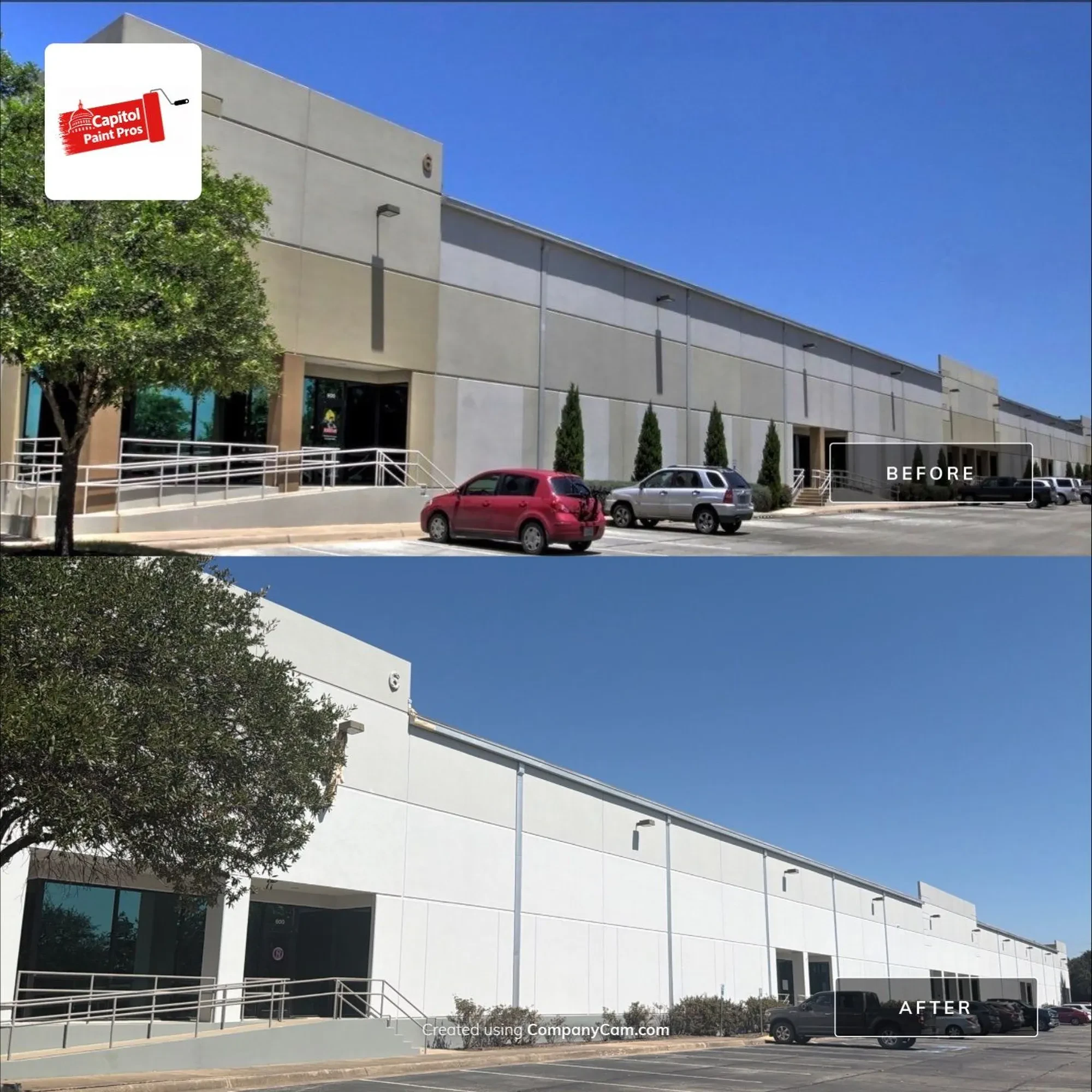 Before and after of a tilt-wall office and warehouse exterior repainted from tan and beige to a clean uniform white